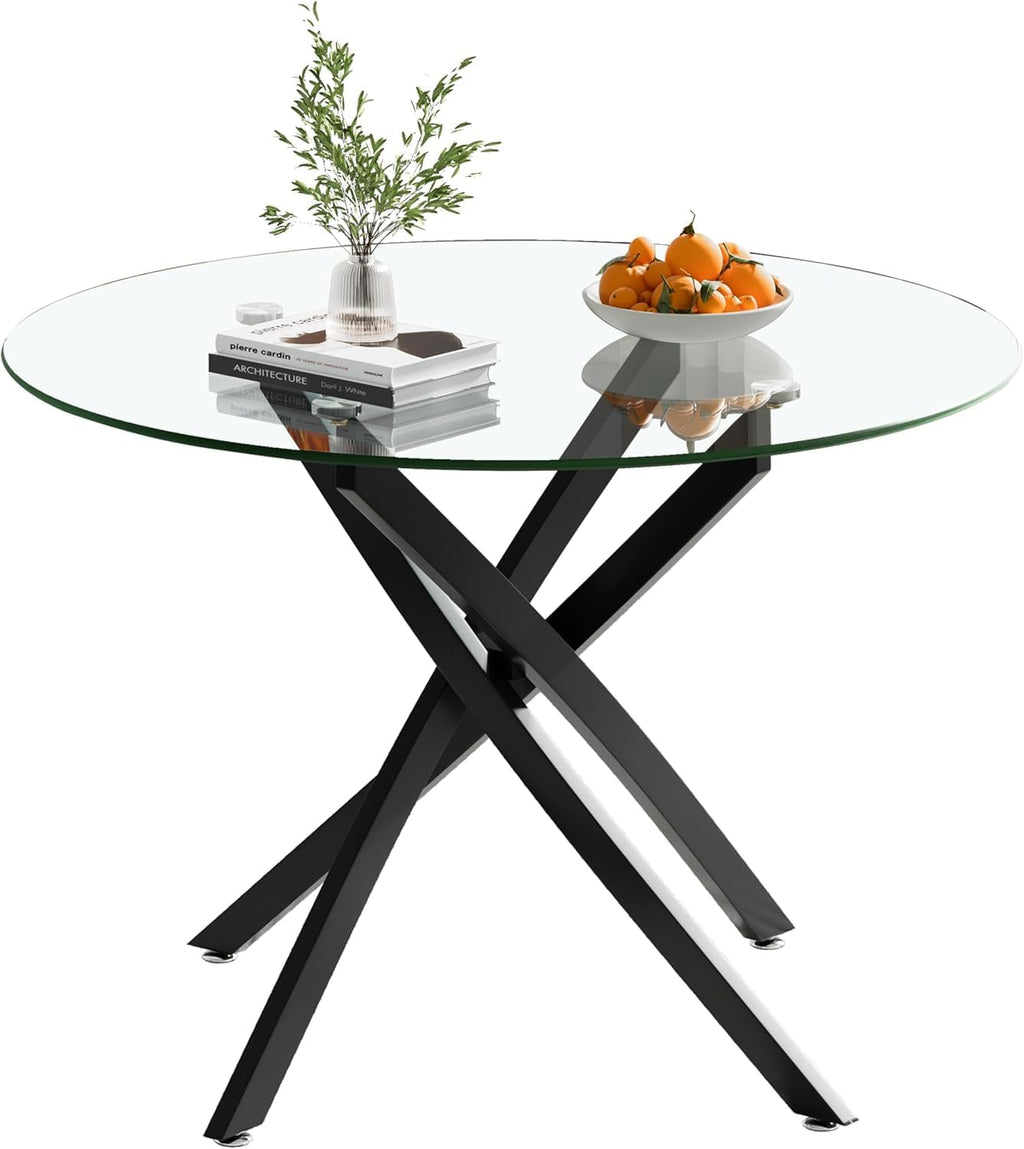 Modern Dining Table for 4 People, 36" Round Dining Table with Black Chrome Metal X-Base, Circle Tempered Glass Dining Room Table, Small Kitchen Dining Room Tables Dinner Tables