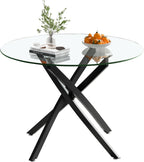 Modern Dining Table for 4 People, 36" Round Dining Table with Black Chrome Metal X-Base, Circle Tempered Glass Dining Room Table, Small Kitchen Dining Room Tables Dinner Tables