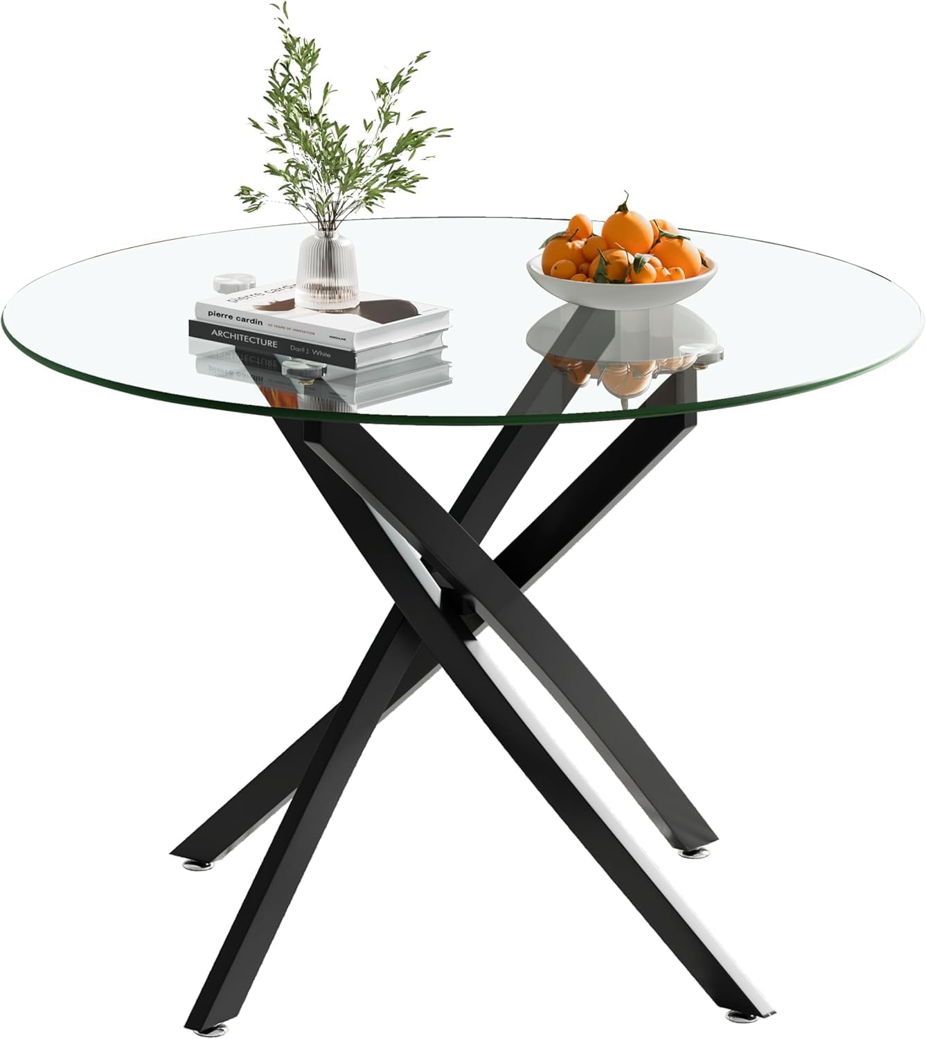 Modern Dining Table for 4 People, 36" Round Dining Table with Black Chrome Metal X-Base, Circle Tempered Glass Dining Room Table, Small Kitchen Dining Room Tables Dinner Tables