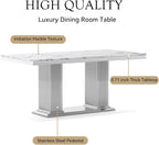 9 Piece Dining Table Set, 68.11" Dining Table and Chairs Set for 8, Modern Faux Marble Dining Table with 8 Grey Leather Chairs, White Kitchen Table with Silver Stainless Steel Base for Kitchen