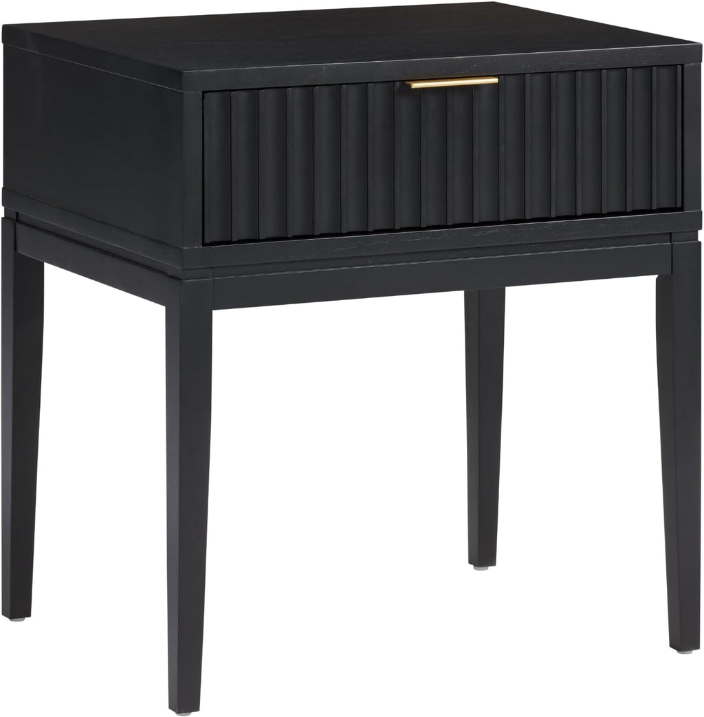 Nathan James Jasper Boho Side Table, Solid Wood Bedroom Nightstand or Bedside Table with Drawer with Fluted Doors and Brass Handles, Black