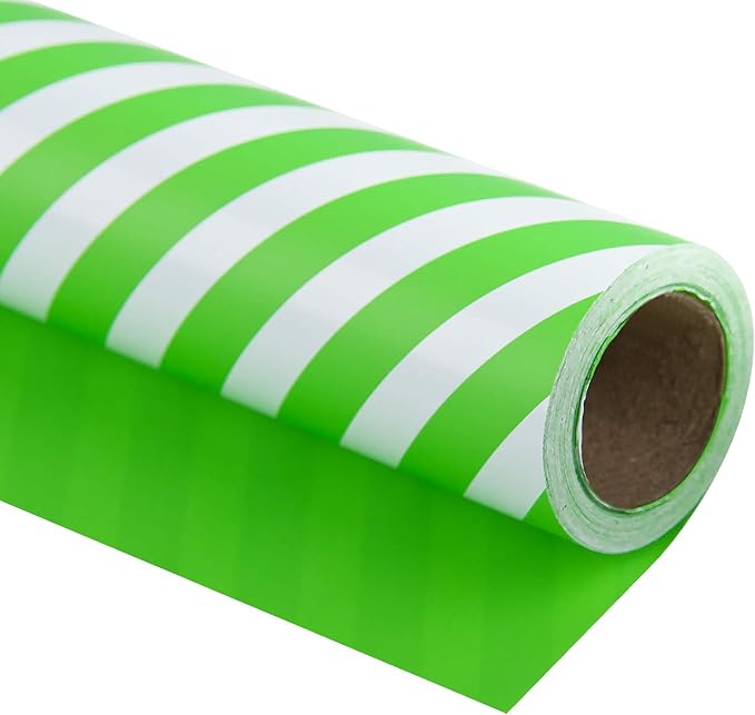 WRAPAHOLIC Reversible Wrapping Paper - Mini Roll - 17 Inch x 33 Feet - Green and Stripes Design for Birthday, Holiday, Wedding, Baby Shower