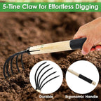 15inch Wood Hand Japanese Claw Rake NonSlip Rubber Handle, Military Grade Steel 5 Tine Cultivator Gardener for Pulverized and Aerated Soil