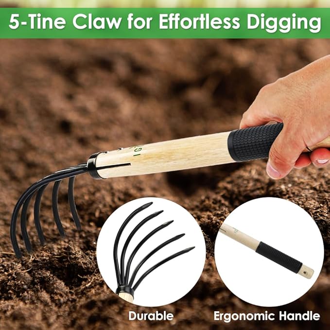 15inch Wood Hand Japanese Claw Rake NonSlip Rubber Handle, Military Grade Steel 5 Tine Cultivator Gardener for Pulverized and Aerated Soil