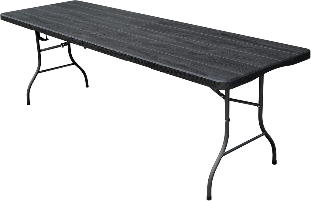 8ft Folding Table, Portable Heavy Duty Plastic Fold-in-Half Utility Table for Indoor/Outdoor Use, Dining, Camping, Picnic, Party, Black Woodgrain
