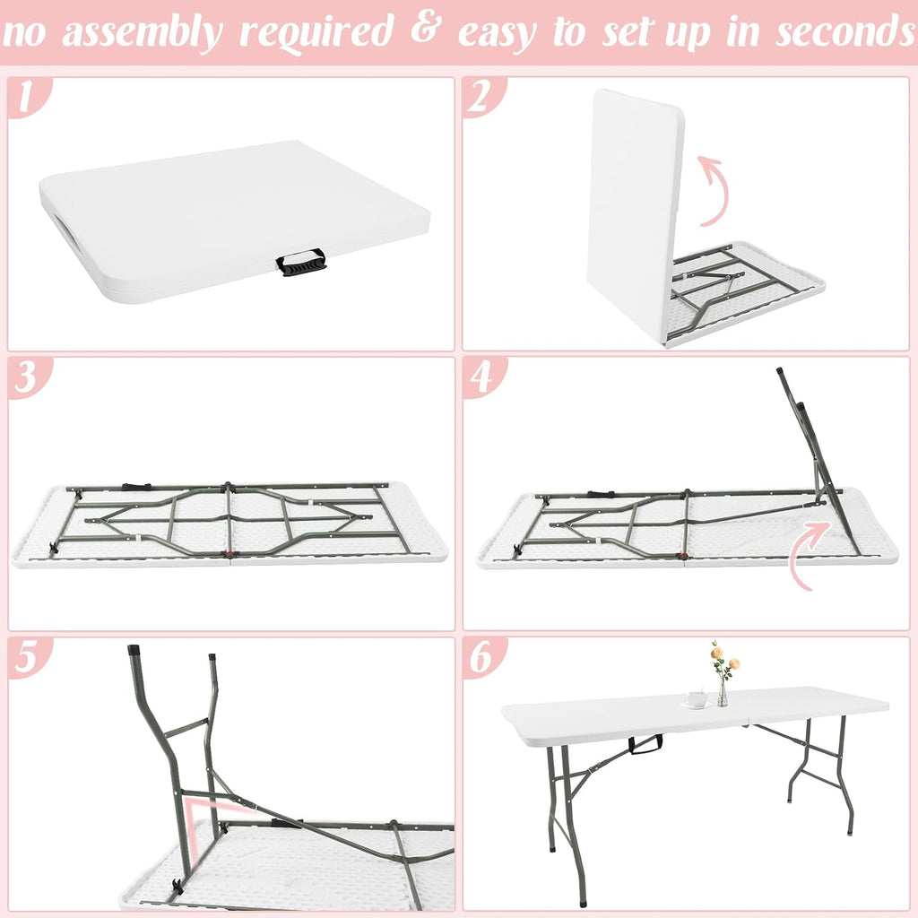 Fivenl 2 Pack 6 Feet Portable Folding Table White, Steel Legs Fold-in-Half with Carrying Handle Rectangular Plastic Foldable Table for Party, Wedding, Camping, Picnic, Dining, Indoor Outdoor Events