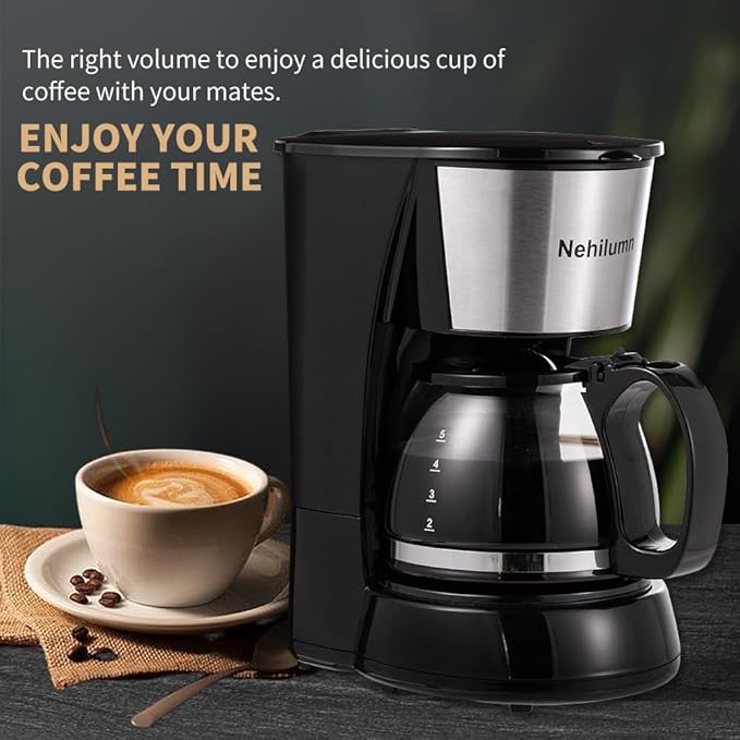 4-5 Cups Drip Coffee Maker, Coffee Pot Machine Permanent Coffee Filter, Mini,20Oz Electric Coffee Maker,650W Black and Stainless Steel