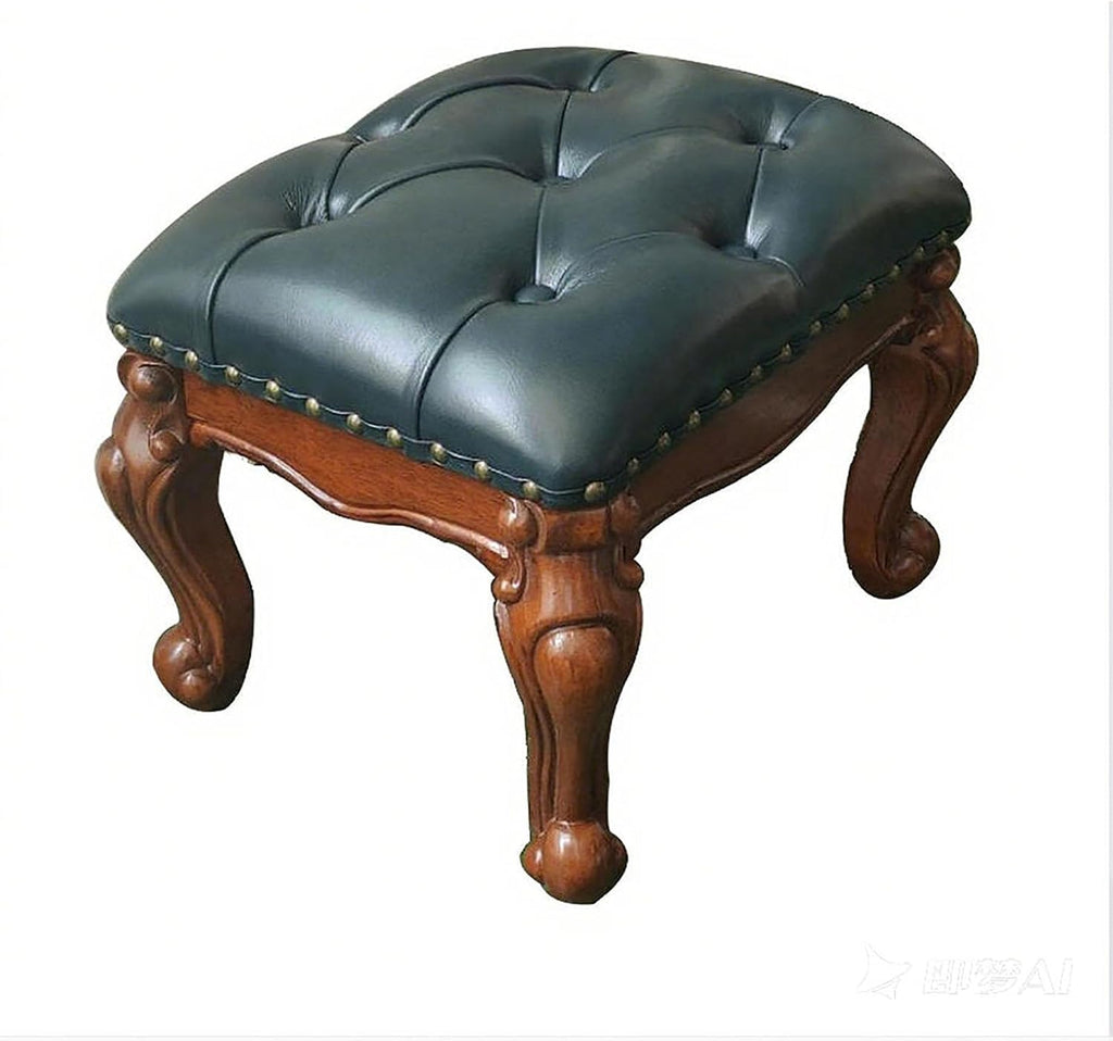 Leather Foot Stool,Vintage Footstools,Wooden Footrest,Upholstered Foot Rest for Living Room,Sofa,Entryway,Solid Wood Stool Walnut (Blue)