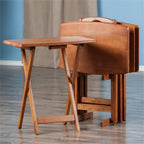 Pemberly Row 24" W x 12" D Transitional Oversized Solid Wood Snack Table Set with Storage Stand, Curved Sides, Rounded Corners, X-Frame Bases, No Assembly Required, in Brown Finish (Set of 5)