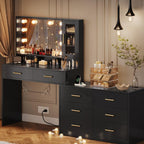 Makeup Desk with Drawers & Cabinet & Dresser, Black Vanity Table with Drawer Dresser, Large Vanity Table with 8 Drawers, Vanity Desk with Large Mirror and 3-Color Lights for Girls, Dressing Table 59"