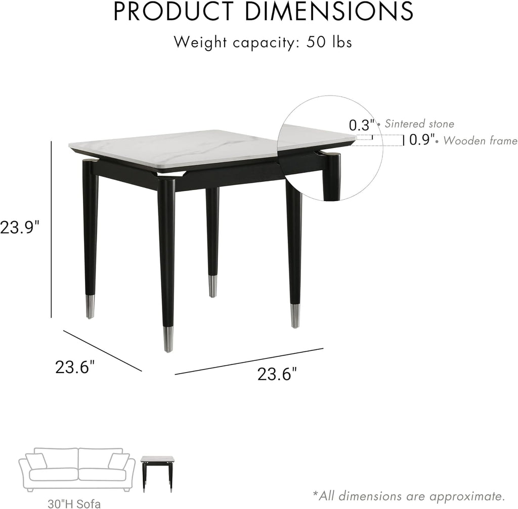 Furniture of America Miranda Modern Solid Wood 23.6-inch Square End Table with Sintered Stone Top, Silver-Capped Arrow Legs for Living Room, Black and White