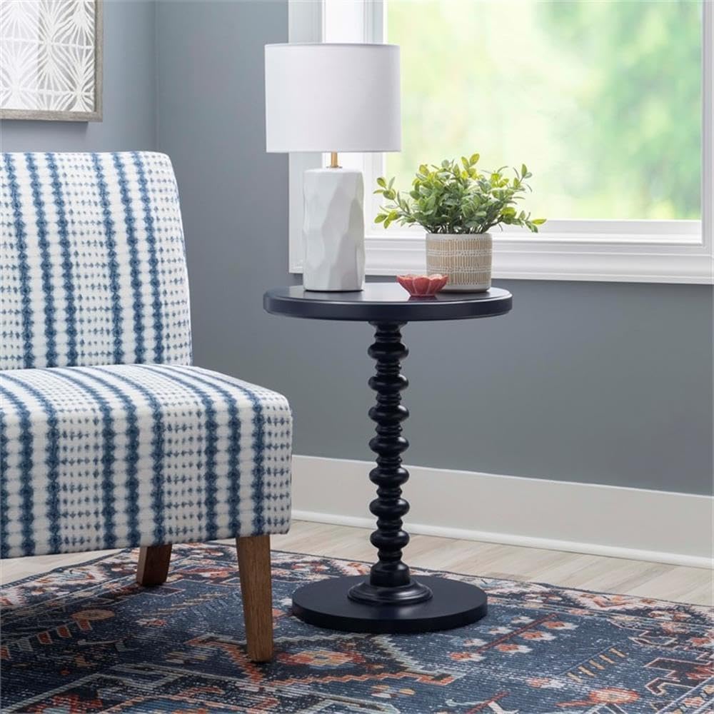 MAKLAINE Modern Transitional Round Spindle Side Table, 17 in Diameter, Navy Blue Painted Rubberwood, Sturdy Pedestal Base, Accent Table for Living Room, Entryway or Bedroom Use