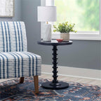 MAKLAINE Modern Transitional Round Spindle Side Table, 17 in Diameter, Navy Blue Painted Rubberwood, Sturdy Pedestal Base, Accent Table for Living Room, Entryway or Bedroom Use