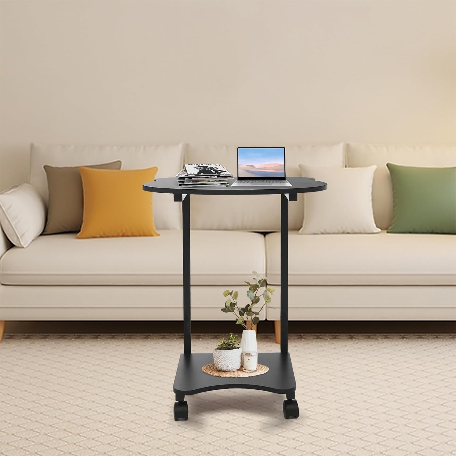 Portable Mobile Desk Side Table with Wheels, C Shaped White End Table for Bedrooms, Living Rooms, Offices, Reception Rooms, Panda Shaped Desktop