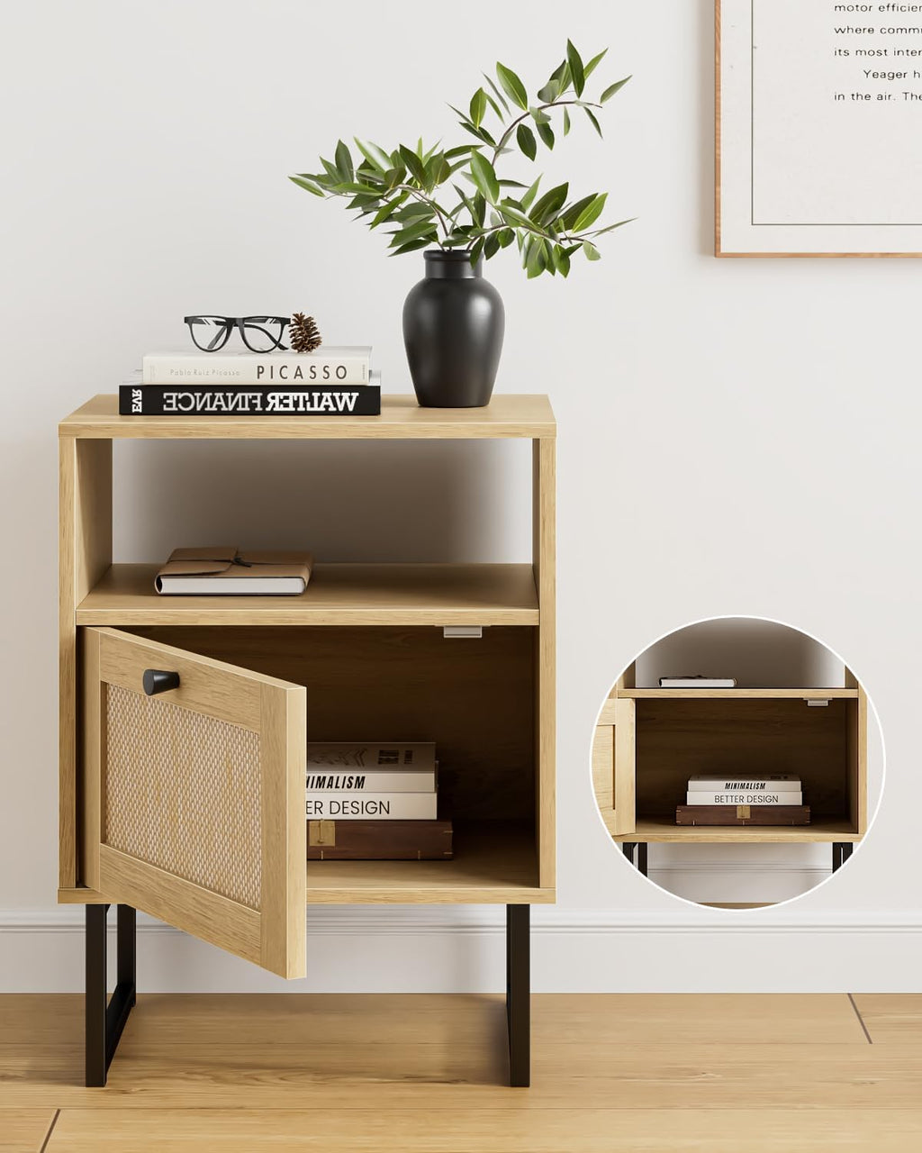Masupu Extra Large Rattan Nightstand,Modern Boho Farmhouse Wood Bedside Table with Storage Drawer and Open Shelf, Black Frame Side End Table for Bedroom,Living Room,Office (Natural)