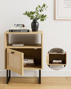 Masupu Extra Large Rattan Nightstand,Modern Boho Farmhouse Wood Bedside Table with Storage Drawer and Open Shelf, Black Frame Side End Table for Bedroom,Living Room,Office (Natural)