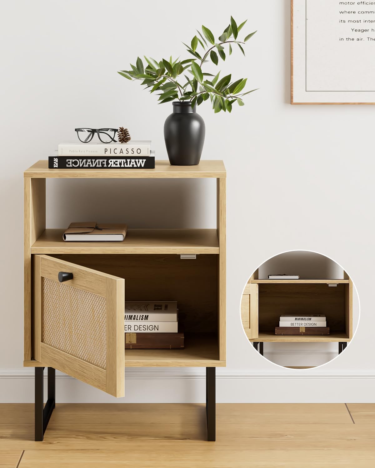 Masupu Extra Large Rattan Nightstand,Modern Boho Farmhouse Wood Bedside Table with Storage Drawer and Open Shelf, Black Frame Side End Table for Bedroom,Living Room,Office (Natural)