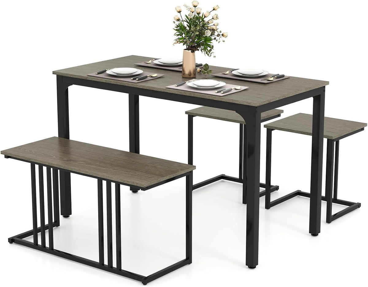 Giantex 4-Piece Dining Table Set for 4, Modern Kitchen Table and Chairs, Nesting Furniture Set with Bench & 2 Stools, Space-Saving Desk Set, Dinette Set for Small Place, Dining Room Restaurant (Grey)