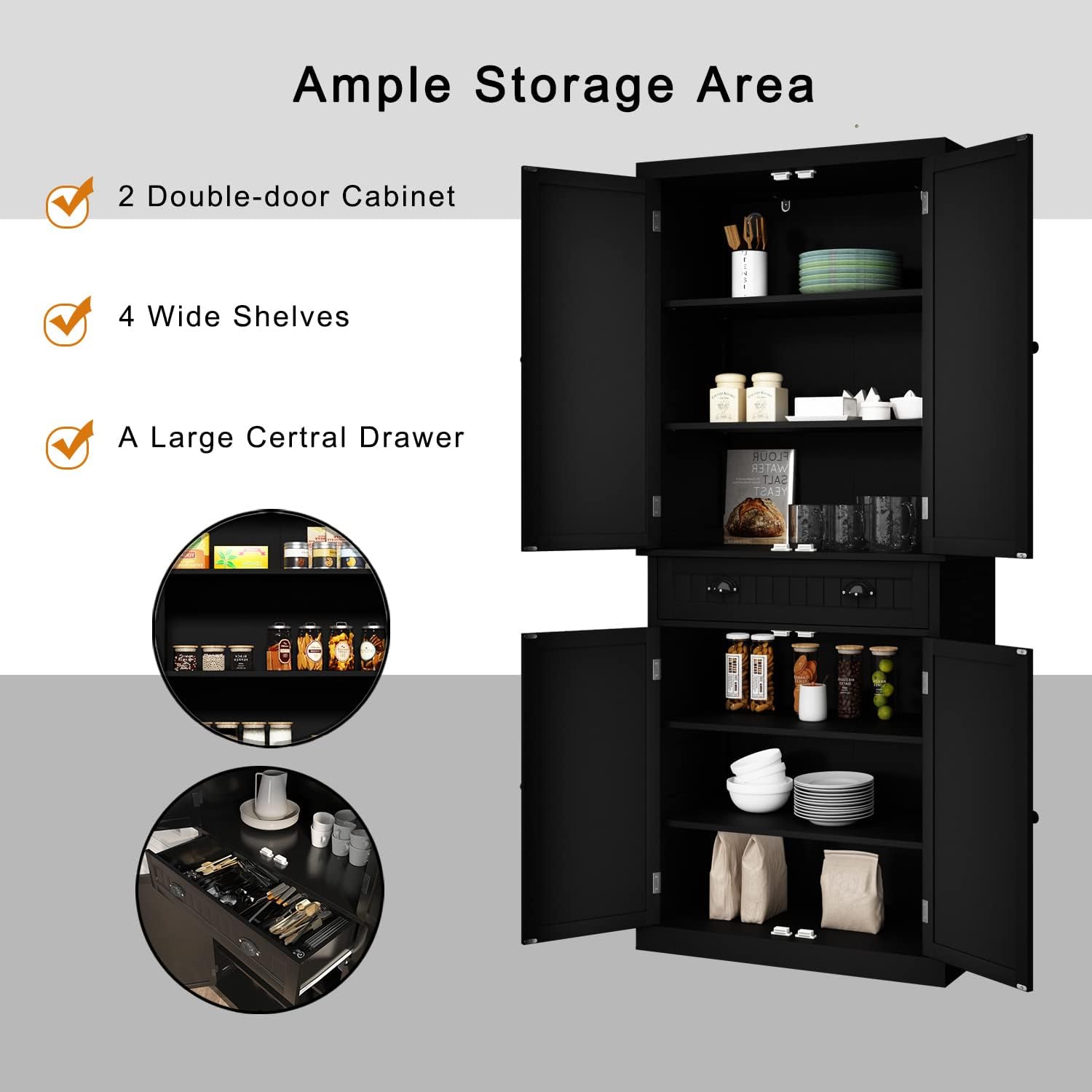HLR 72" Kitchen Pantry Storage Cabinet, Freestanding Larder Cupboard with Doors and Adjustable Shelves, Pantry Cabinet for Dining Room, Living Room