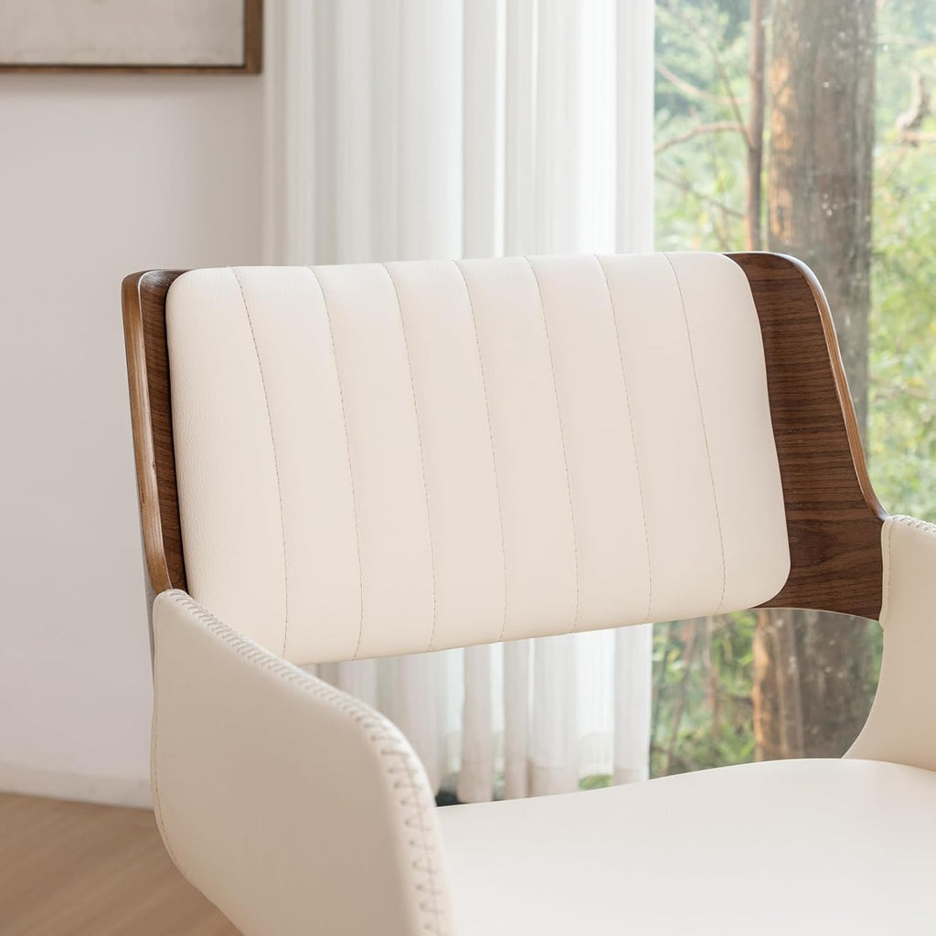 LUNLING Swivel Accent Faux Leather Dining Chairs Set of 2 Mid Century Modern Chairs with Wooden Legs/Armrest/Upholstered Seat/Adjustable Foots for Kitchen Dining Room Desk Chairs Beige PU