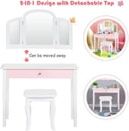 HONEY JOY Kids Vanity Set, Toddler Beauty Makeup Dressing Table w/Stool & Drawer, Tri-Fold Silver Mirror, Detachable Top, Wooden Princess Pretend Play Vanity Set for Little Girls (White)