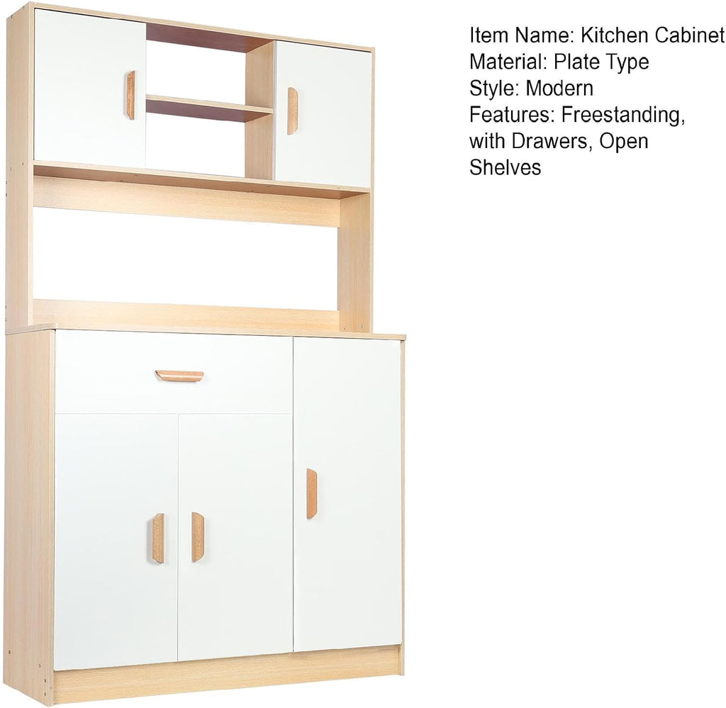 Freestanding Kitchen Pantry Cabinet, Hutch Cabinet with Storage, Tall Sideboard Buffet Cabinet with Doors and Shelves, Microwave Shelf, Wooden Coffee Bar Cabinet for Living Room, Dining Room