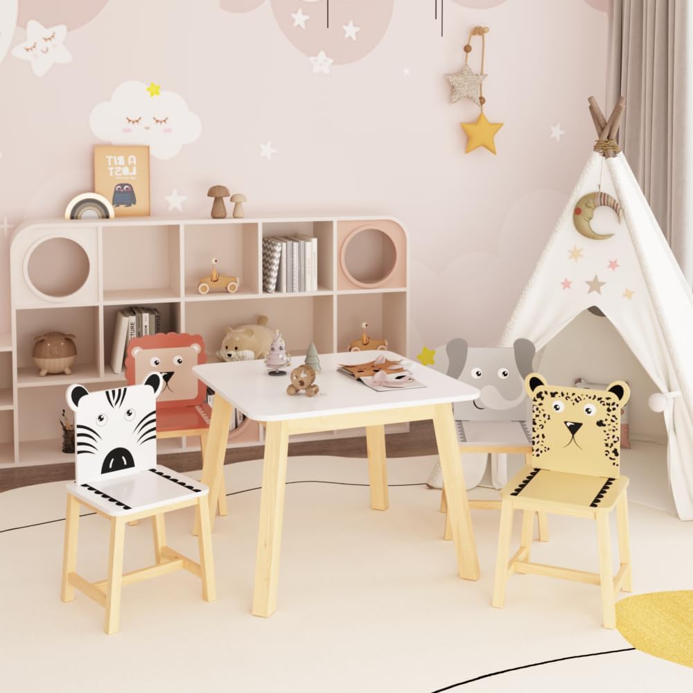 Virubi 5 PCS Wood Activity Table & Chair Set for Kids Ages 2-6 - Wooden Drawing Play Table W/ 2 Animal Chairs for Nursery, Kindergarten, Home (Colorful(5PCS))