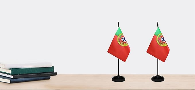 Portugal Portuguese Deluxe Desk Flag Set Small Mini Miniature Portugal Portuguese Table Desktop Flags With Solid Pole, Black Base and Spear Top(2 Pack)