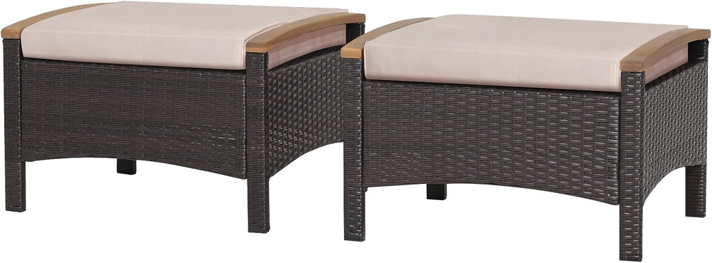 RELAX4LIFE Outdoor Wicker Ottomans for Patio - 2 Pieces PE Rattan Ottoman, Footrest Seat with Zippered Cushions, Acacia Wood Handles, 3-in-1 Footstool, Side Table for Poolside, Backyard (Brown)