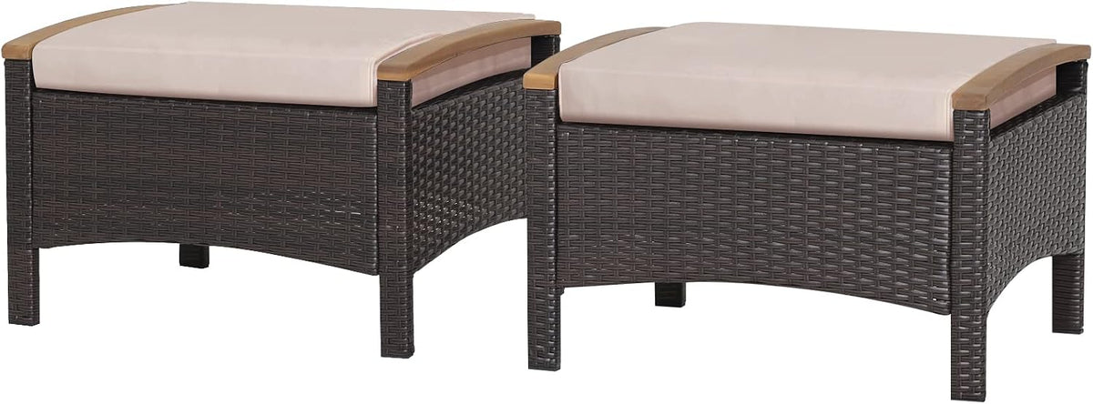 RELAX4LIFE Outdoor Wicker Ottomans for Patio - 2 Pieces PE Rattan Ottoman, Footrest Seat with Zippered Cushions, Acacia Wood Handles, 3-in-1 Footstool, Side Table for Poolside, Backyard (Brown)