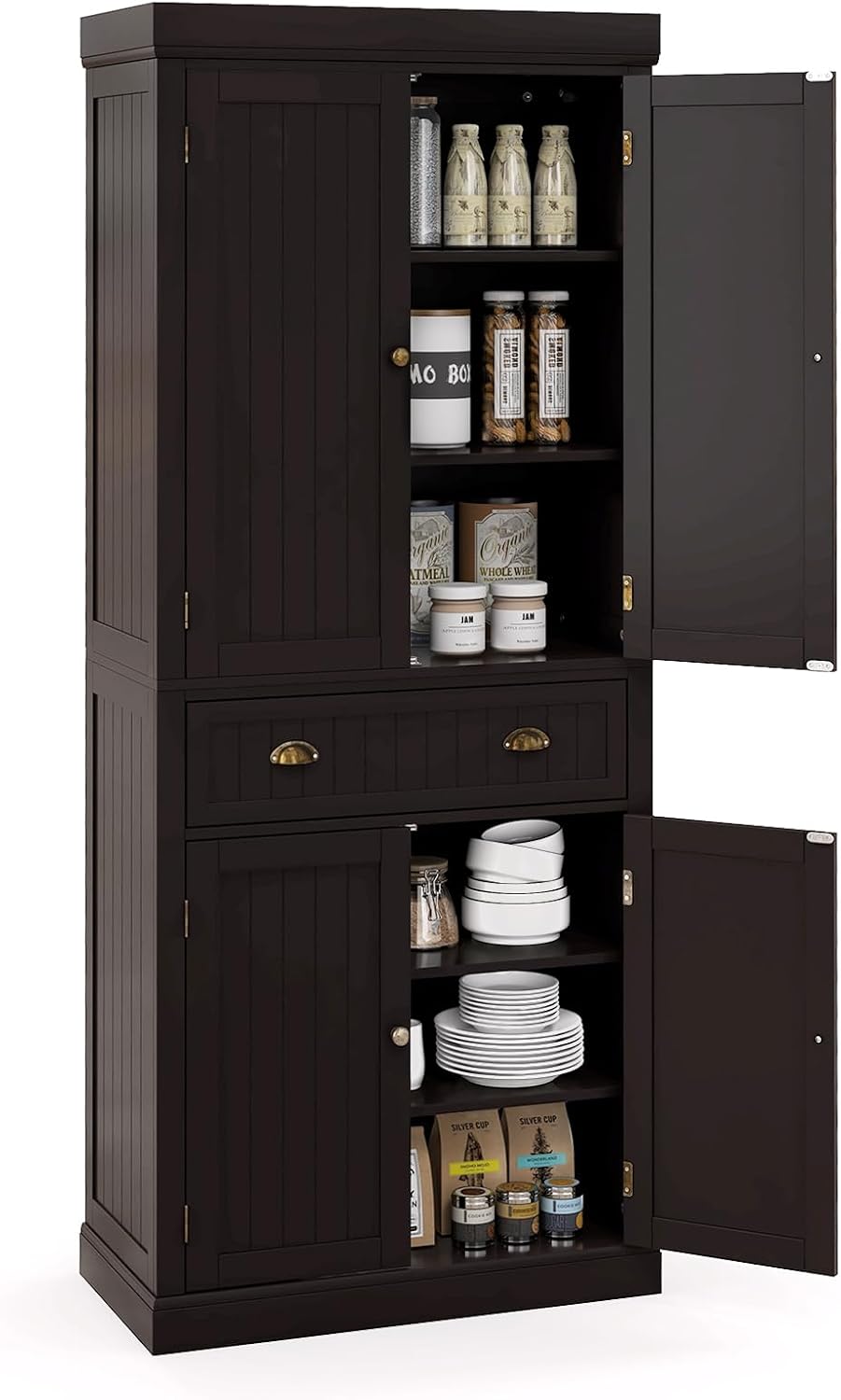 72" Kitchen Pantry Cabinet, Kitchen Cupboard with 2 Double-Doors Cabinet, Large Drawer, 4 Adjustable Shelves, Traditional Tall Storage Cabinets for Dining Room, Bathroom, Brown