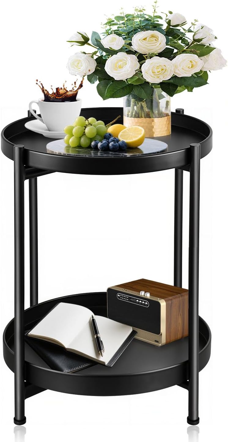 Foldable 2-Tier Round Side Table, Metal End Table with Storage for Indoor Outdoor Use, Small Coffee Table for Living Room, Bedroom, Patio, Black