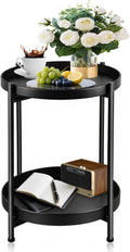 Foldable 2-Tier Round Side Table, Metal End Table with Storage for Indoor Outdoor Use, Small Coffee Table for Living Room, Bedroom, Patio, Black