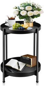 Foldable 2-Tier Round Side Table, Metal End Table with Storage for Indoor Outdoor Use, Small Coffee Table for Living Room, Bedroom, Patio, Black