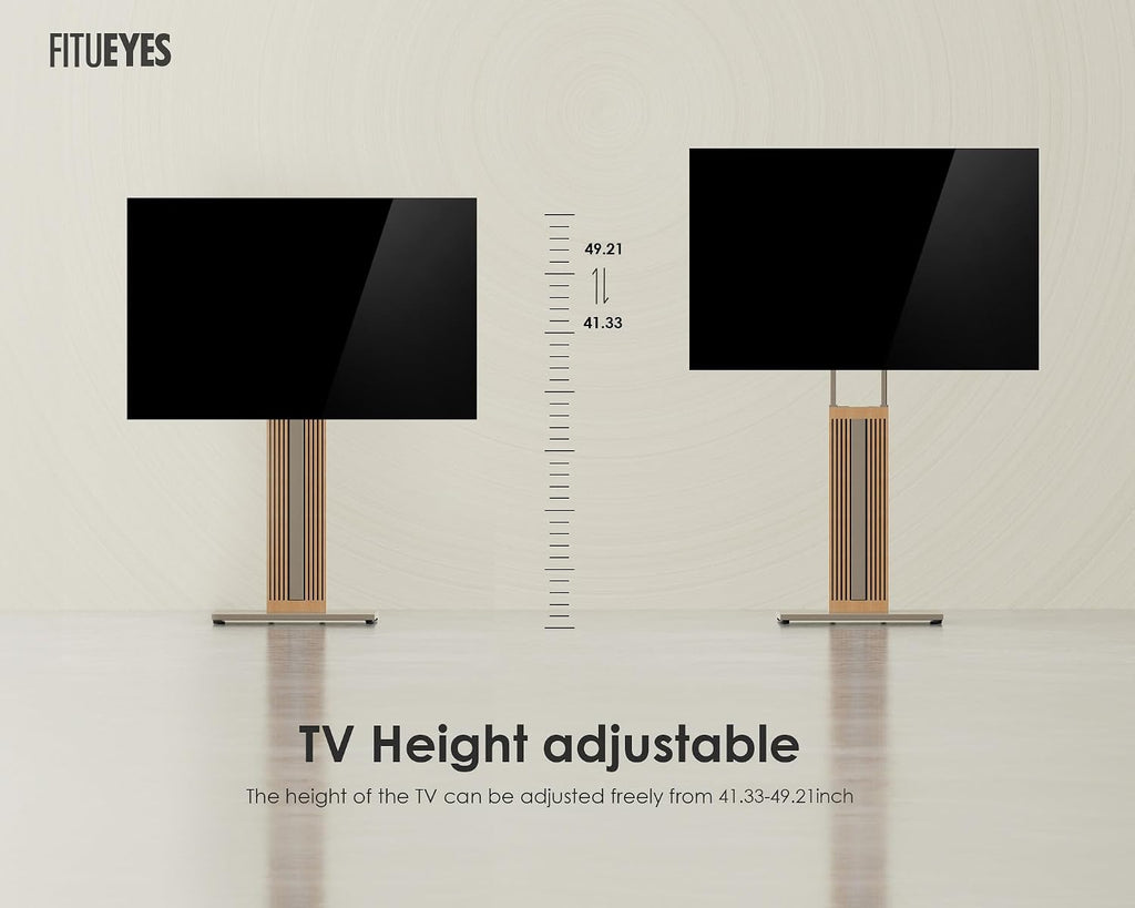 FITUEYES Floor TV Stand for 32-65" TV with Hidden Back Storage,Morandi Grey | Height Adjustable, Wood TV Stand Swivel, Scandinavian Style, Tall TV Stand for Home Decor with Reinforced Base, Zen Series