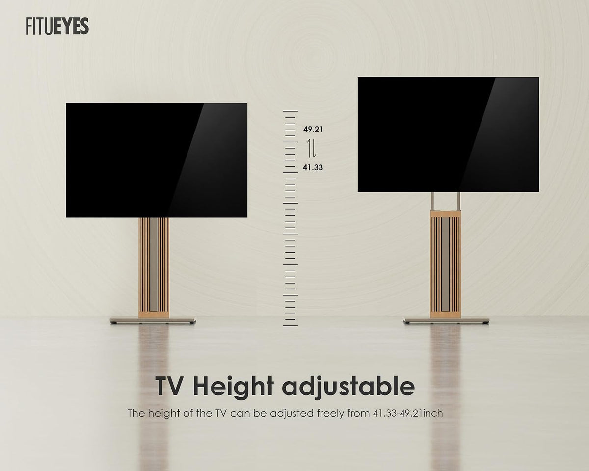 FITUEYES Floor TV Stand for 32-65" TV with Hidden Back Storage,Morandi Grey | Height Adjustable, Wood TV Stand Swivel, Scandinavian Style, Tall TV Stand for Home Decor with Reinforced Base, Zen Series