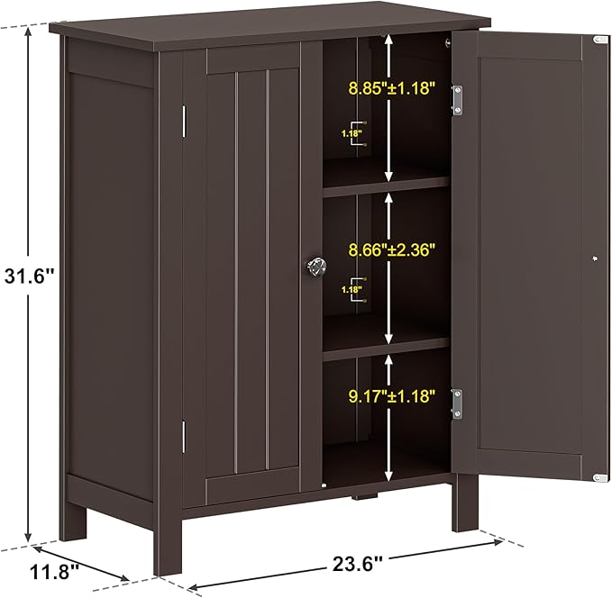ZENY Bathroom Floor Storage Cabinet with Double Door + Adjustable Shelf, Wooden Organizer Cabinet for Living Room, Bathroom, Bedroom, Modern Home Furniture (Brown)