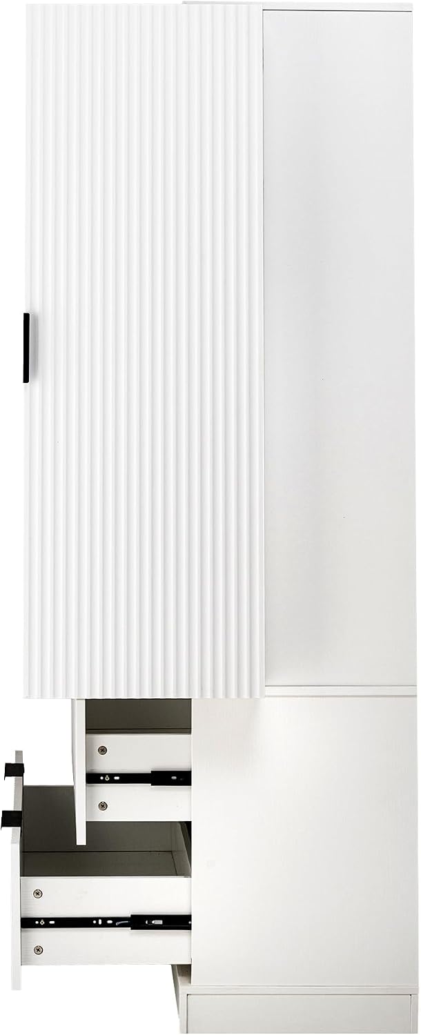 72'' Tall Farmhouse Pantry Cabinet with 2 Drawers and 2 Doors – Grooved MDF Freestanding Storage Cabinet for Kitchen, Bathroom, Entryway, or Dining Room (White)