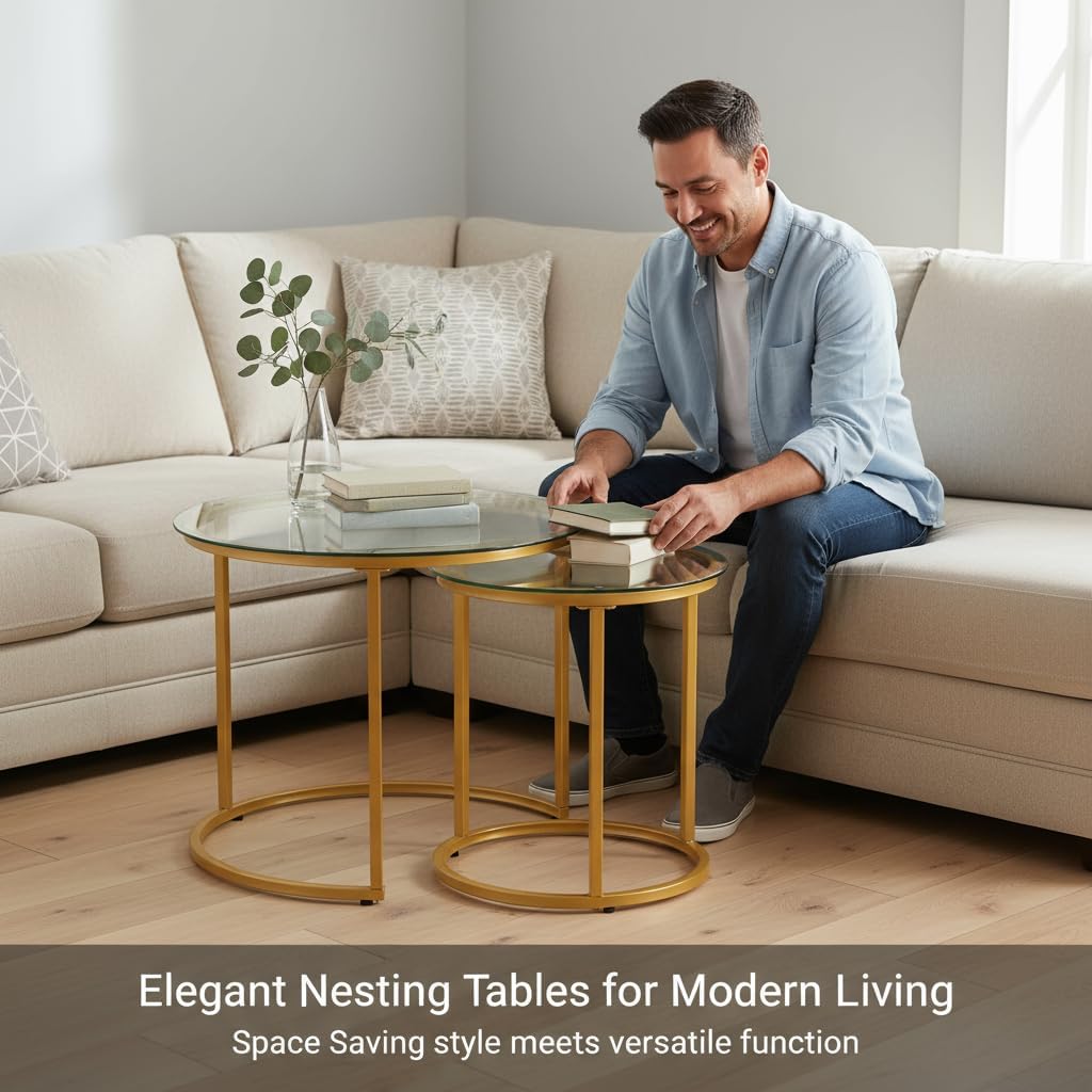 Round Nesting Coffee Table Set of 2, Glass Stacking Minimalist End Table | Modern Marble Pattern Wooden Nesting Tables for Living Room Bedroom Small Space, Clear Tempered Glass and Gold Leg