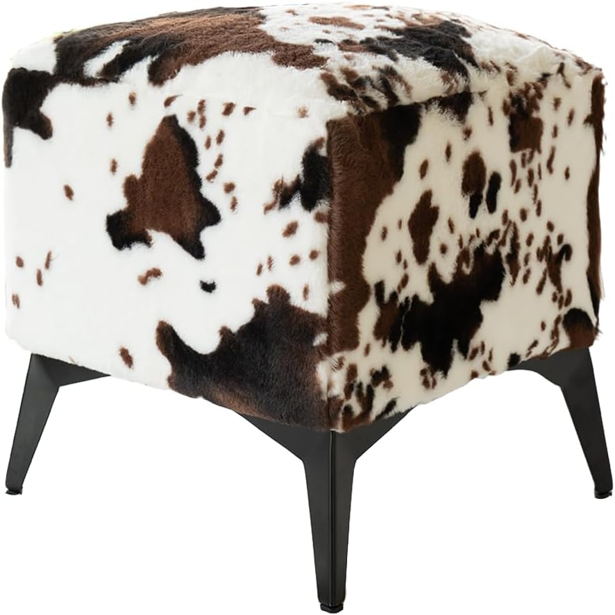 Faux Cowhide Ottoman, Upholstered Foot Stool,Animal Print Ottoman - 16 x 16 x 17 Inches, Cube Footrest with Solid Metal Legs for Living Room,Bedroom & Entryway (Coffee)