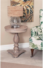 MAKLAINE Round Wood Side Table, 20" D x 24.5" H, Acacia and MDF, Natural Brown Finish, Turned Pedestal Base, Accent Table for Living Room or Bedroom