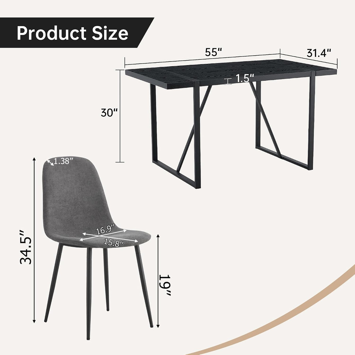 55" Black Dining Table Set for 6, 7 piece Modern Dining Table Set with Farbic Chairs, Farmhouse Kitchen Table Chairs Set of 6 Suit for Living Dining Room Furniture, Sturdy and Easy-to-Clean