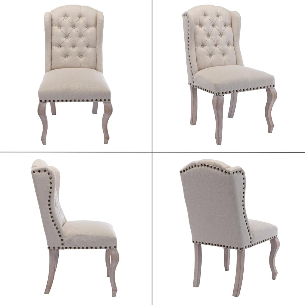 chairus Tufted Parsons Dining Chairs Set of 6, French Country Upholstered Dining Room Chairs with Nailhead Trim & Curved Wood Legs, Farmhouse High Back Armless Side Kitchen Chairs, Beige Linen