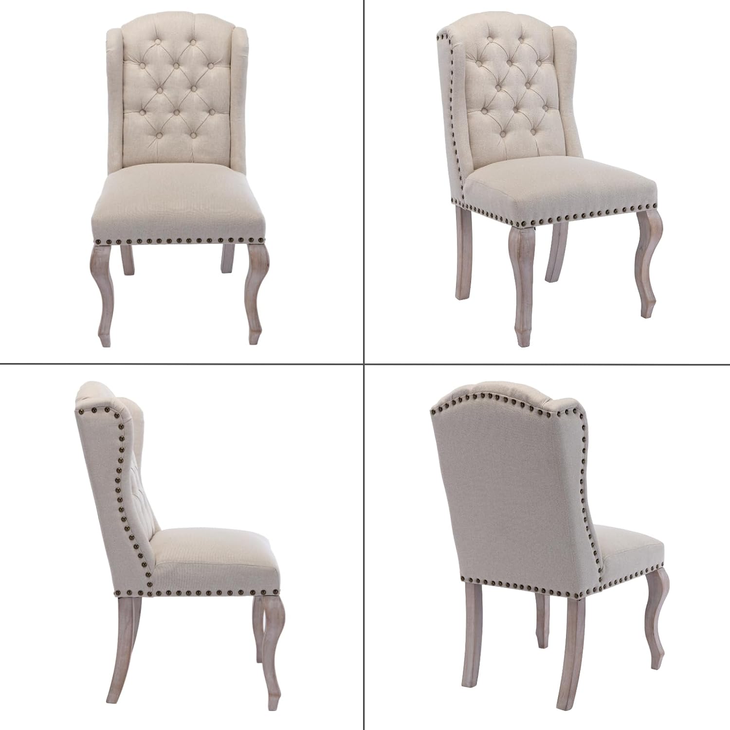 chairus Tufted Parsons Dining Chairs Set of 6, French Country Upholstered Dining Room Chairs with Nailhead Trim & Curved Wood Legs, Farmhouse High Back Armless Side Kitchen Chairs, Beige Linen
