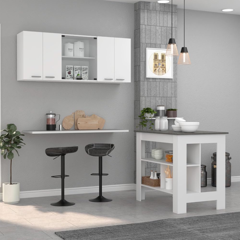 White and Onyx 2-Piece Kitchen Set with Island and Wall Cabinet | Includes 6-door wall cabinet with interior rack and 3-shelf kitchen island