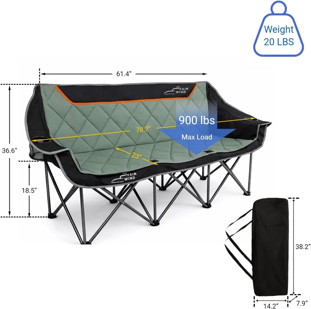FAIR WIND Oversized 3 Person Camping Chair Padded Triple Loveseat Folding Camping Couch Duo Chair Heavy Duty Quad Fold Arm Chair with Cup Hold - Supports 900 LBS Black