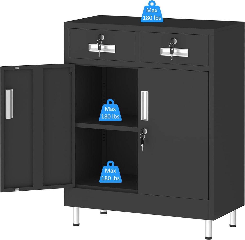 JINGUR Metal Storage Cabinet with Locking Doors and 2 Drawers, Lockable Storage Cabinet with Adjustable Shelf for Home Office Garage Entryway Pantry (Black)