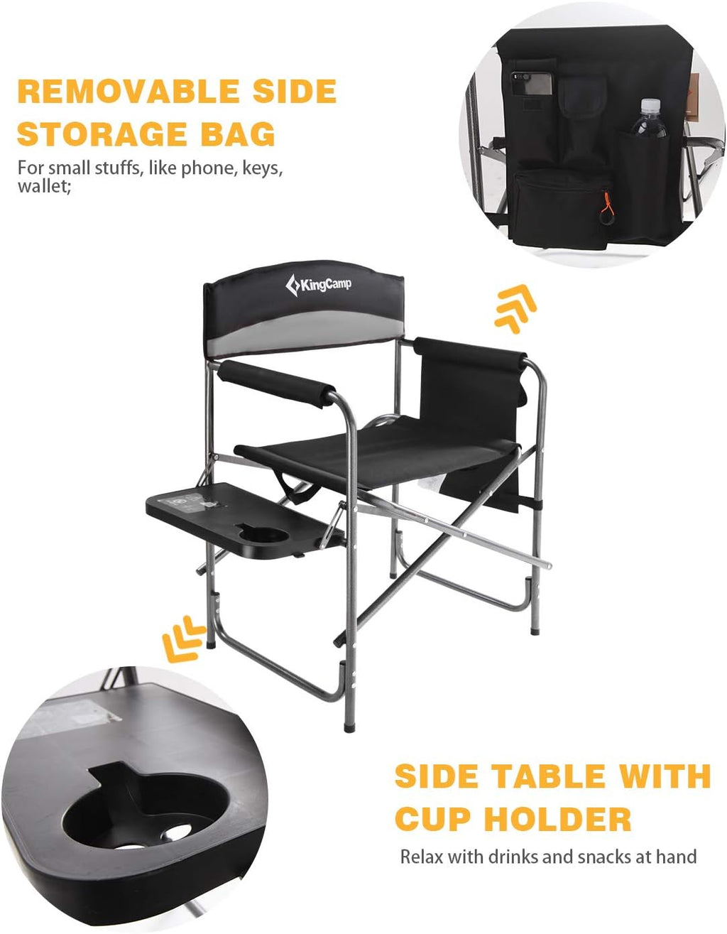 KingCamp Folding Camping Chair, Heavy Duty Portable Directors Style with Side Table Carry Handle Storage Pockets for Outdoor Tailgating Sports Backpacking Fishing, Black