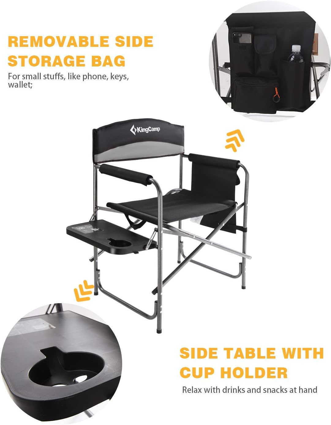 KingCamp Folding Camping Chair, Heavy Duty Portable Directors Style with Side Table Carry Handle Storage Pockets for Outdoor Tailgating Sports Backpacking Fishing, Black