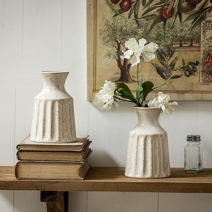 Ceramic Boho Vase, Farmhouse Home Decor Embossed Vases for Centerpieces, Kitchen, Office, Shelf, Table, Vase for Pampas Grass, Eucalyptus